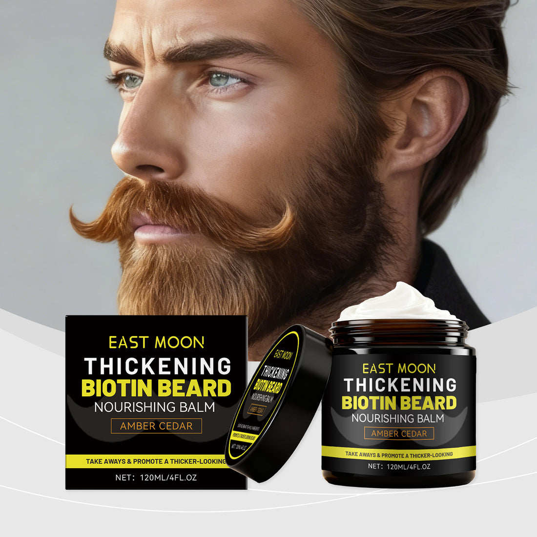 EAST MOON Biotin Beard Balm — product and front packaging