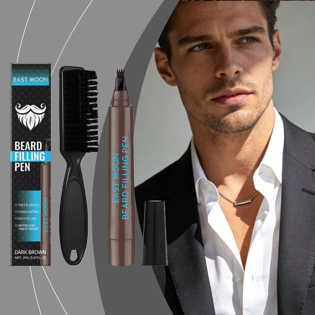 EAST MOON Dark Brown Beard Filler Pen & Brush — product and front packaging