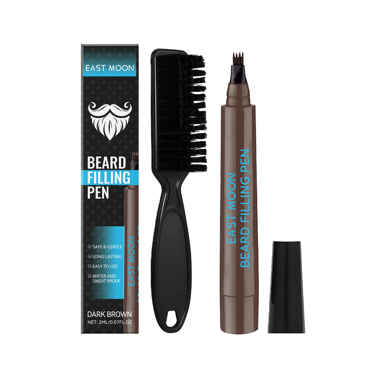 EAST MOON Dark Brown Beard Filler Pen & Brush — product and front packaging