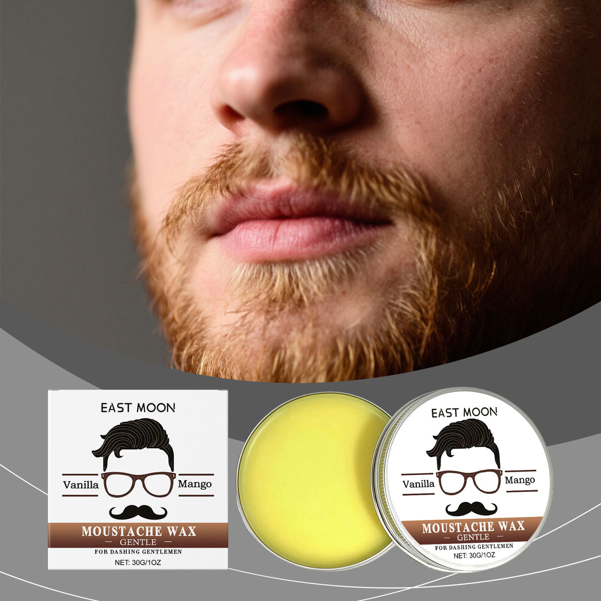 EAST MOON Mustache Wax — product label and pack contents
