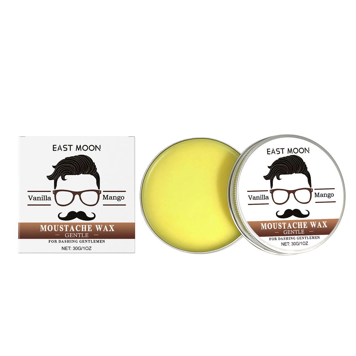 EAST MOON Mustache Wax — product and front packaging