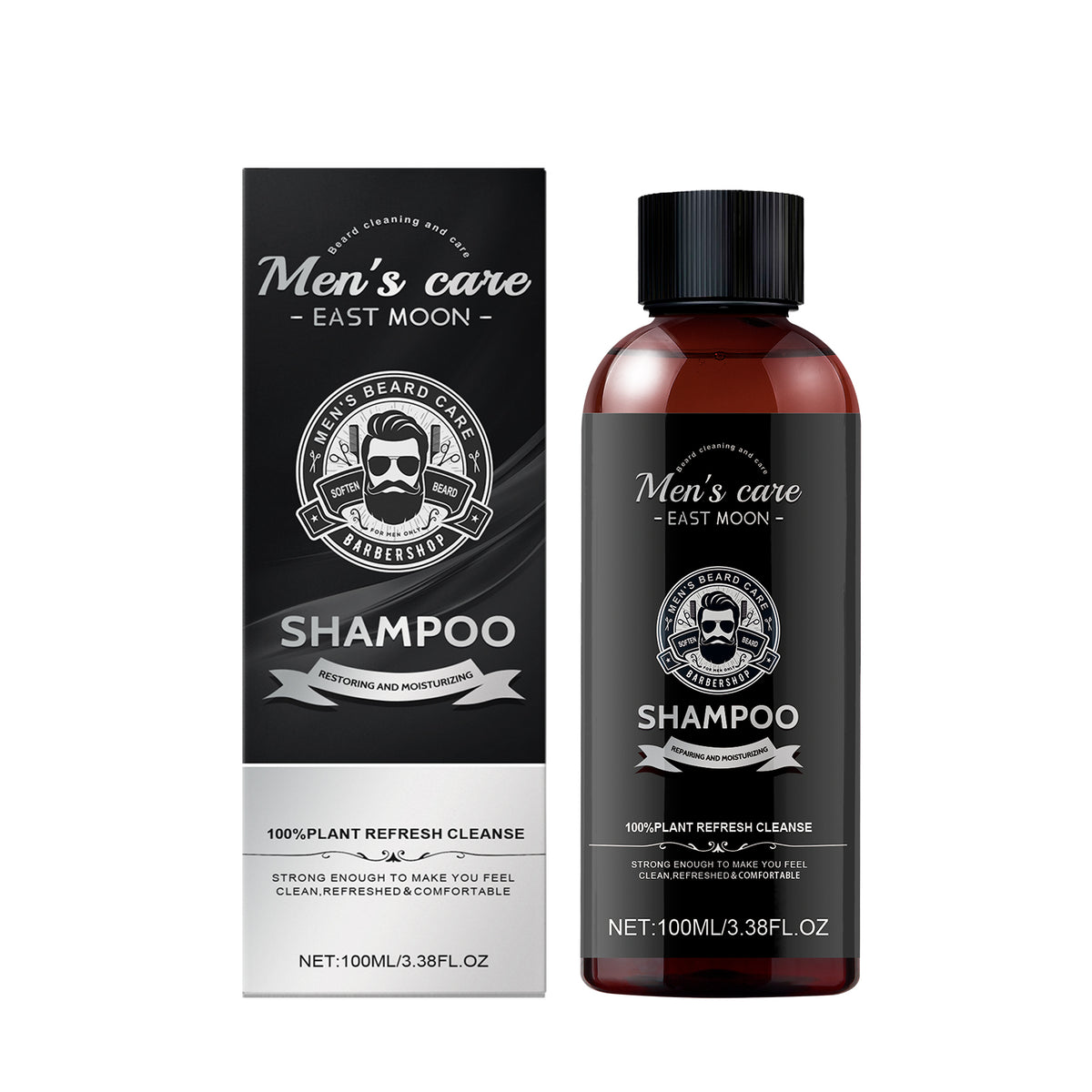 EAST MOON Beard Wash with Argan & Jojoba — front label and pack contents