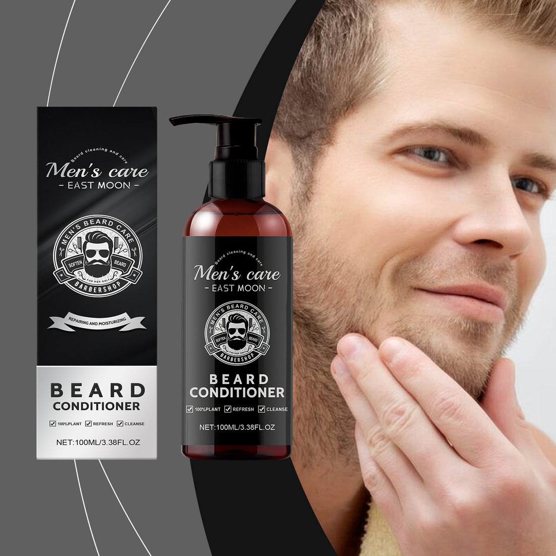 EAST MOON Beard Conditioner with Argan & Jojoba — front label and pack contents
