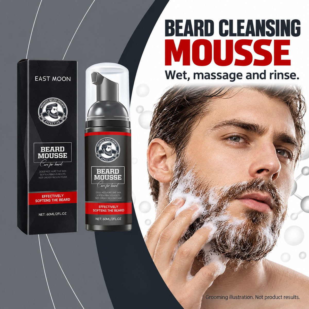 EAST MOON Foaming Beard Wash — 60 mL beard cleansing mousse and routine illustration