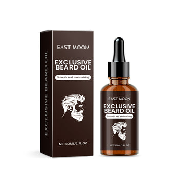 EAST MOON Beard Oil with Vitamin E & Sweet Almond — front label and pack contents