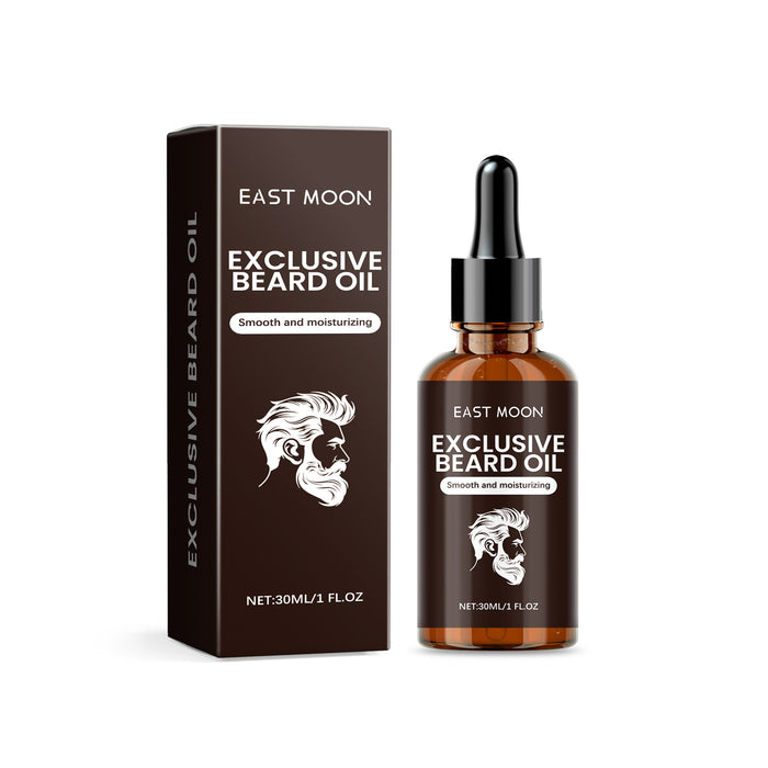 EAST MOON Beard Oil with Vitamin E & Sweet Almond — front label and pack contents