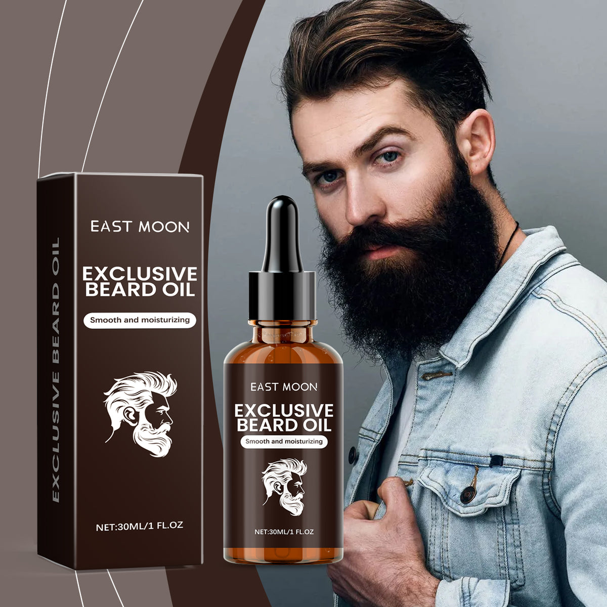 EAST MOON Beard Oil with Vitamin E & Sweet Almond — product and packaging