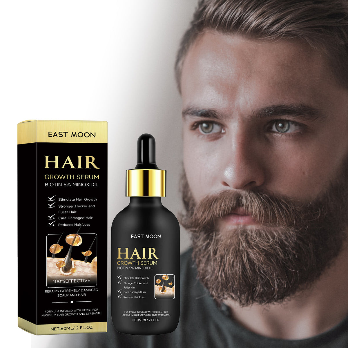 EAST MOON 5% Minoxidil Hair Serum — product label and pack contents