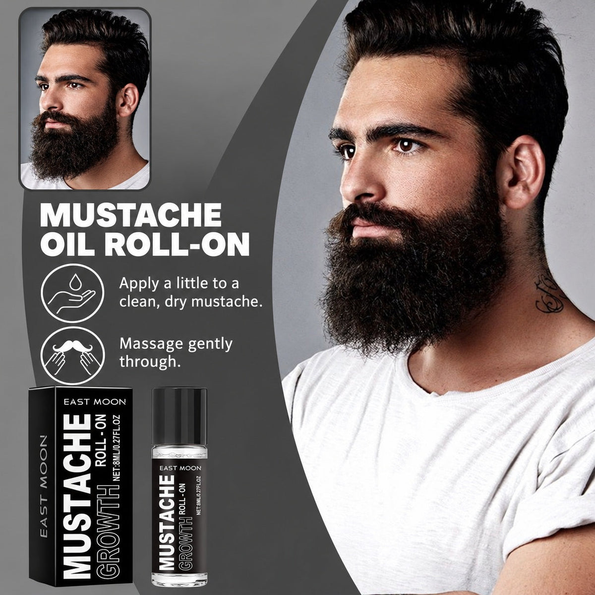 EAST MOON Mustache Oil Roll-On — beard softening and grooming illustration
