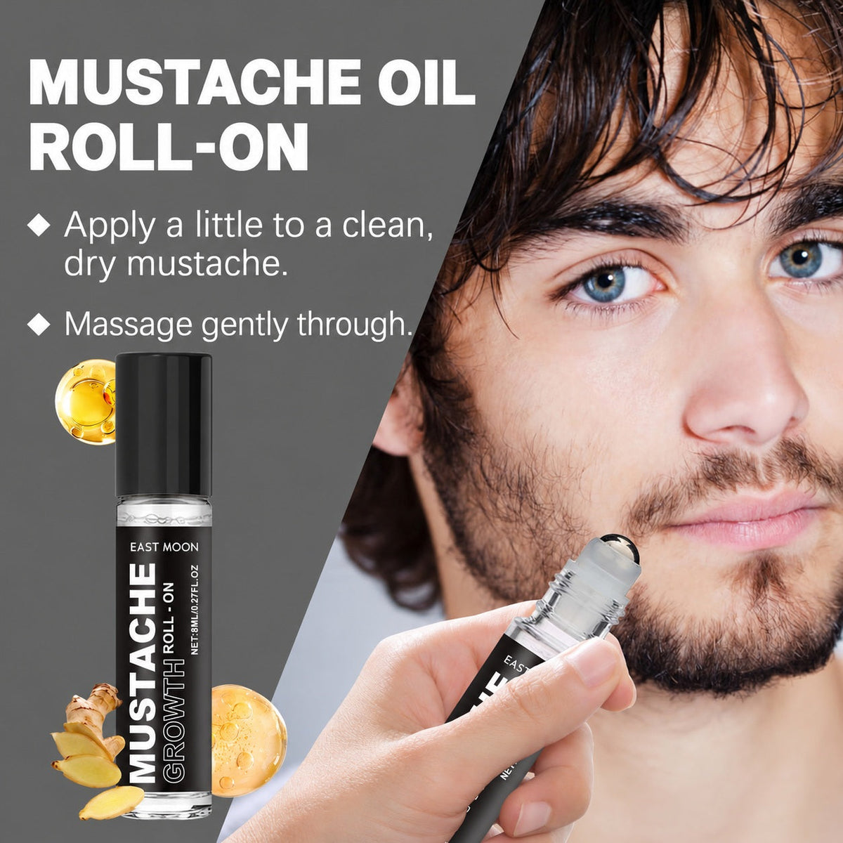 EAST MOON Mustache Oil Roll-On — beard softening and grooming illustration