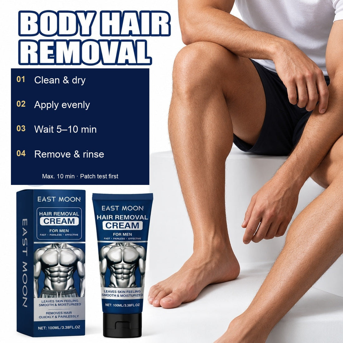 EAST MOON Hair Removal Cream for Men — product and front packaging